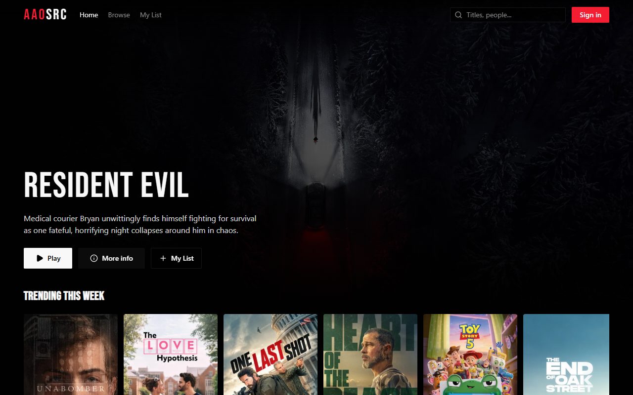 AAOsrc homepage — Resident Evil hero, search, and Trending This Week row