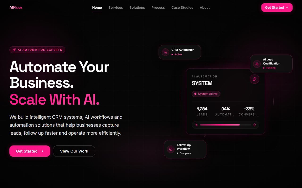 AIFlow homepage — Automate Your Business. Scale With AI., with the automation system preview