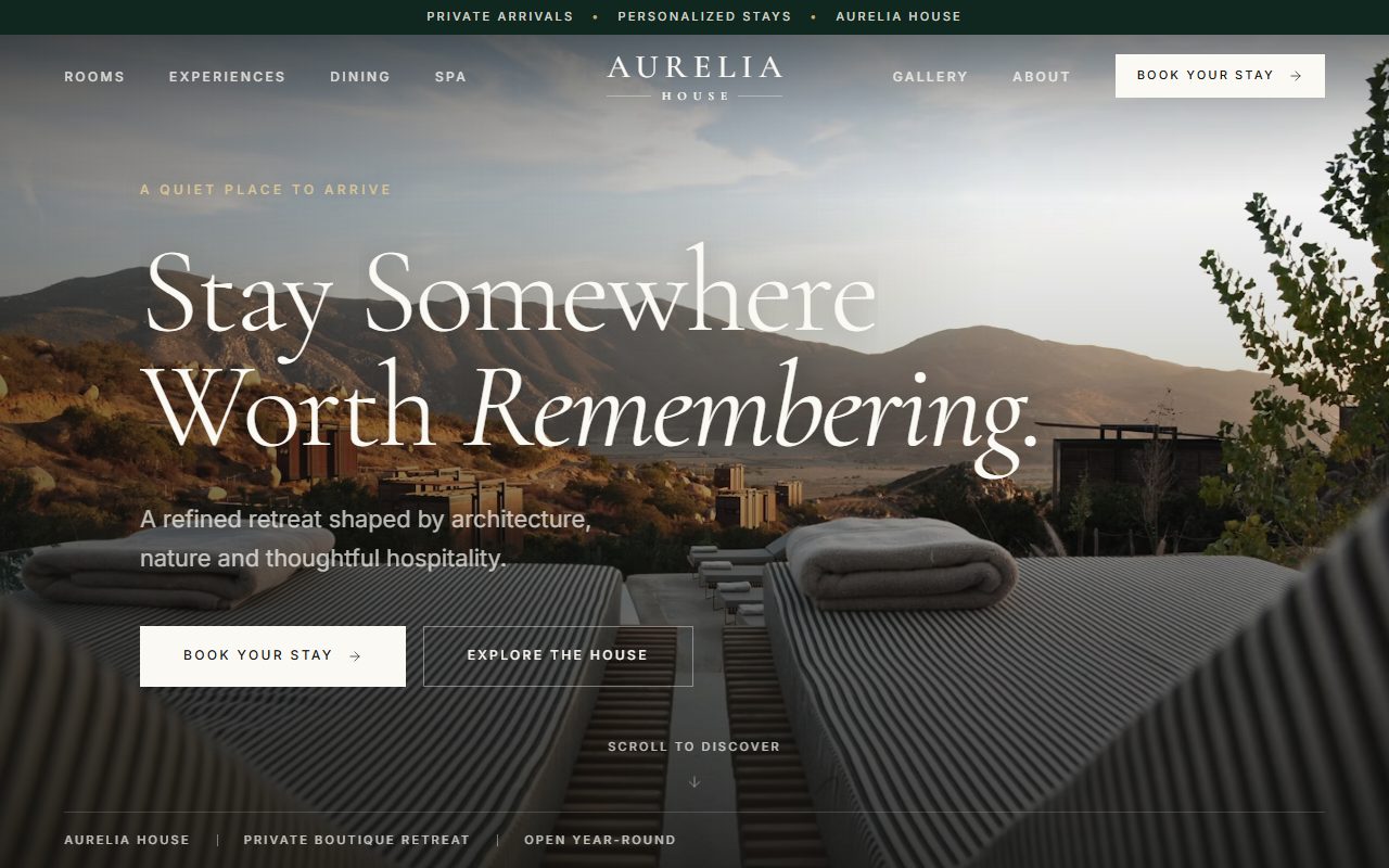 Aurelia House homepage — Stay Somewhere Worth Remembering, over the retreat landscape
