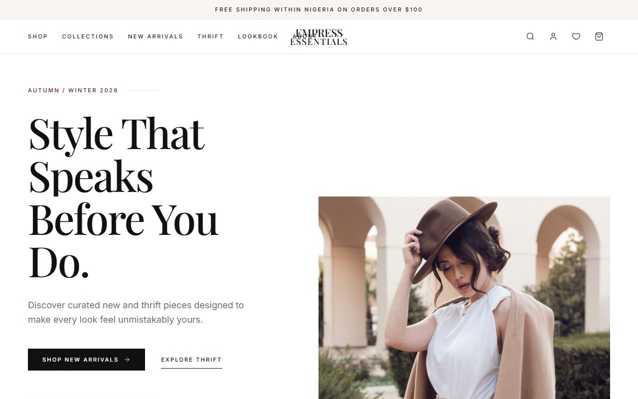 Empress Essentials homepage — Style That Speaks Before You Do, with the autumn campaign portrait