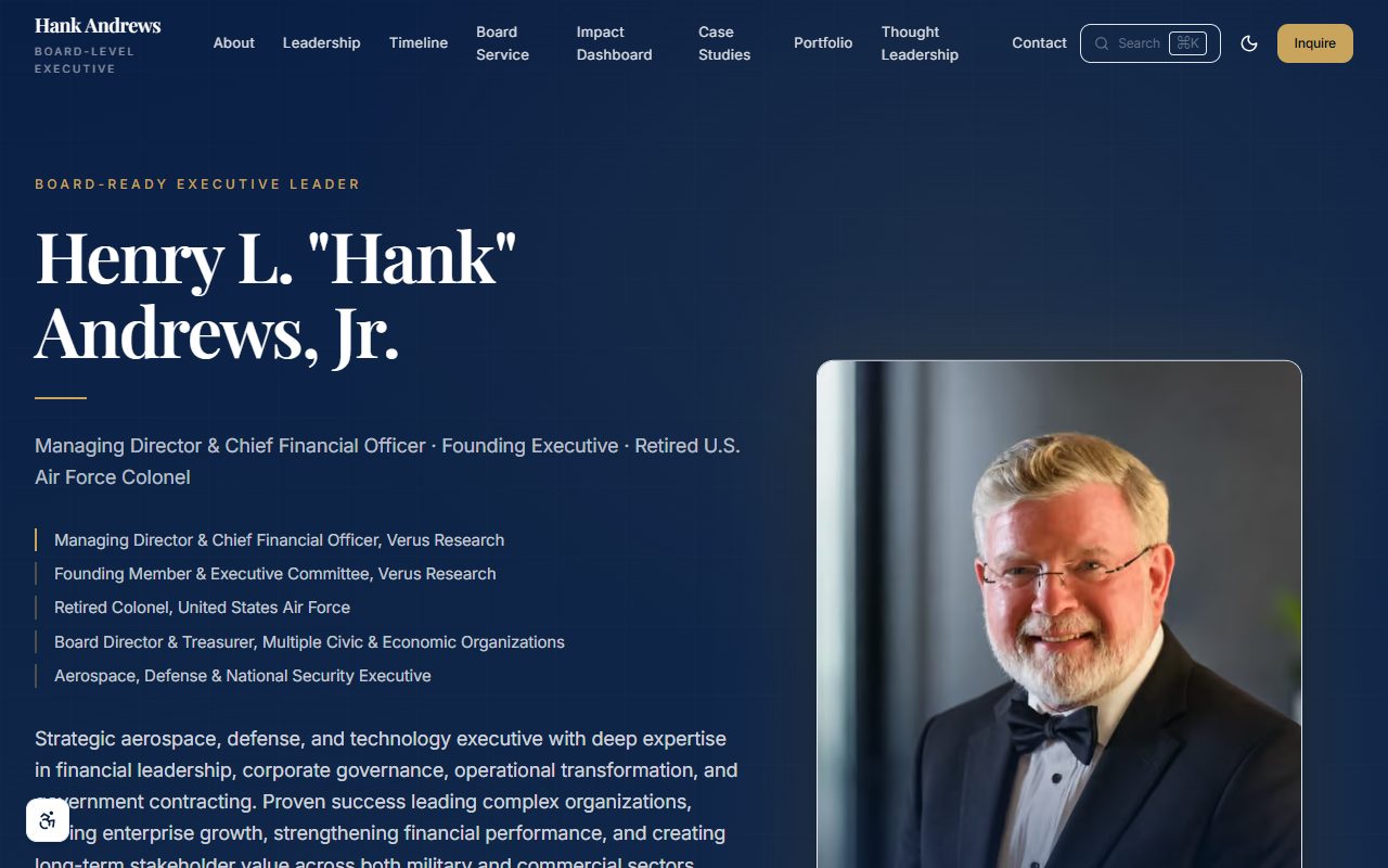 Henry L. Andrews, Jr. homepage — board-ready executive hero with portrait and credentials