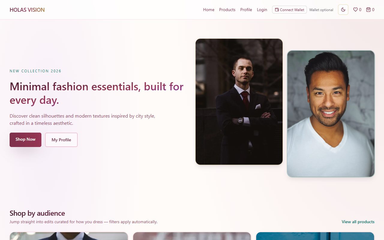HOLAS VISION homepage — Minimal fashion essentials hero, collection portraits, and shop by audience