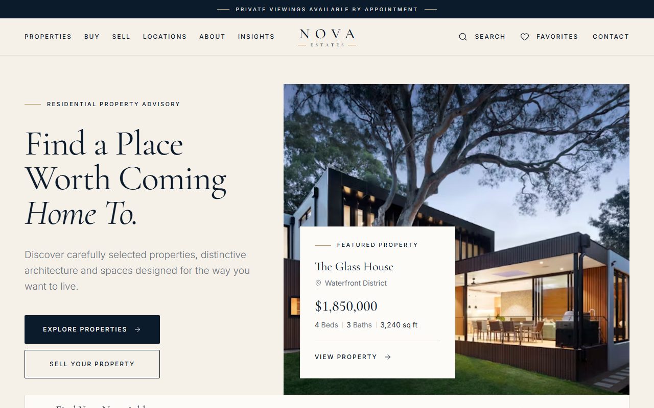 NOVA Estates homepage — Find a Place Worth Coming Home To, with The Glass House featured property