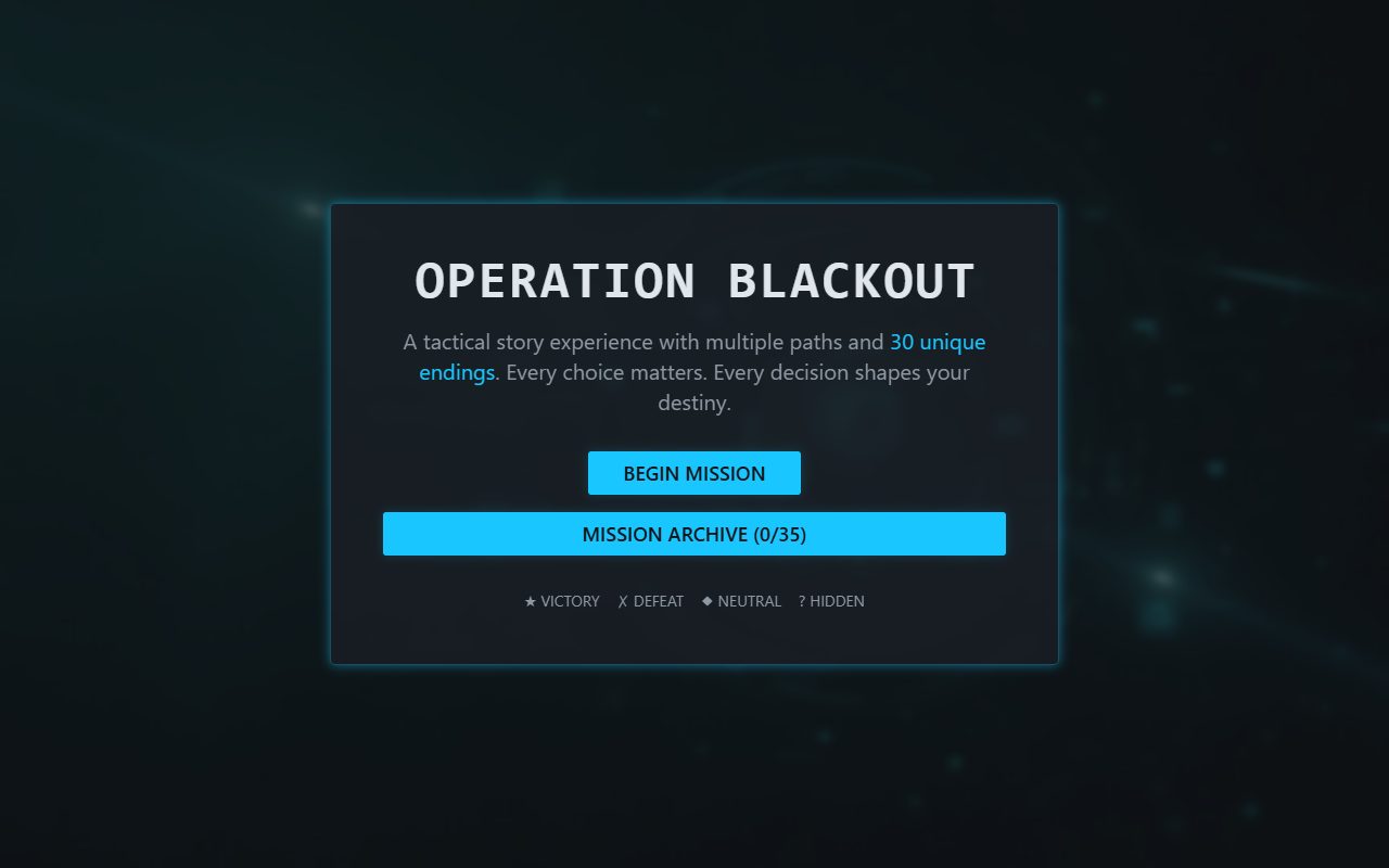 Operation Blackout opening screen — Begin Mission and Mission Archive